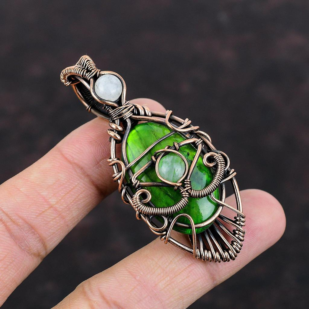 Evil Eye Green Fire Labradorite Pendant Copper Wire Wrapped Pendant Moonstone Pendant Copper Jewelry Handmade Gemstone Pendant Gift For Mom
