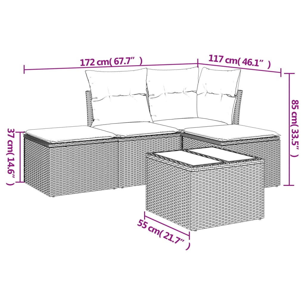 Vidaxl 5-Cz. Conjunto de Muebles de Jardín con Cojines, Marrón, Ratán Sintético