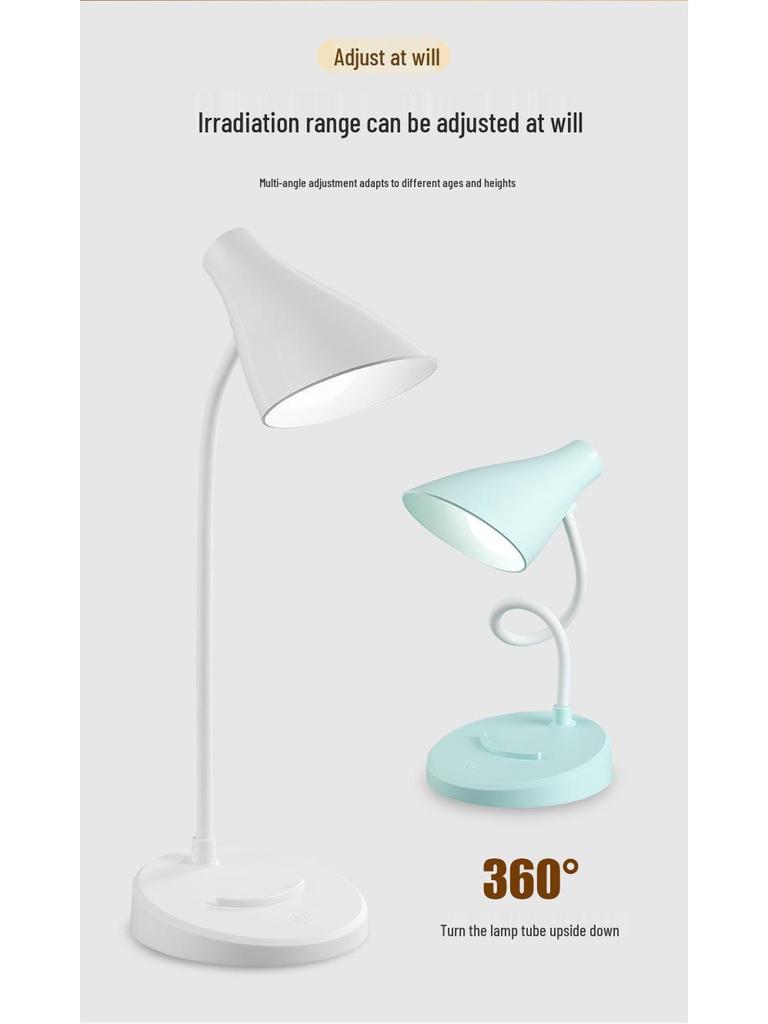 LED Desk Lamp with Eye Protection, Three-Level Dimming, USB Charging & Plug-in, Dual Use for Bedroom or Dorm.