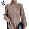 Damenmode, lässig, Herbst/Winter, einfarbig, mit Druck, langen Ärmeln, hohem Halsausschnitt