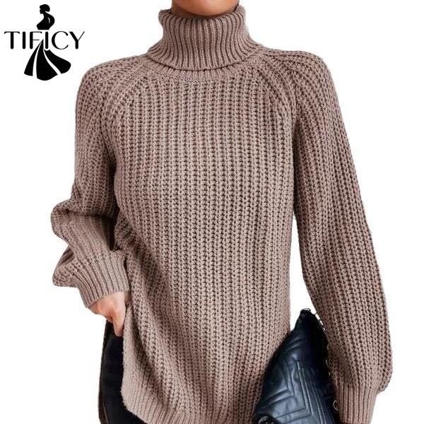 TIFICY Damenmode, lässig, Herbst/Winter, einfarbig, mit Druck, langen Ärmeln, hohem Halsausschnitt