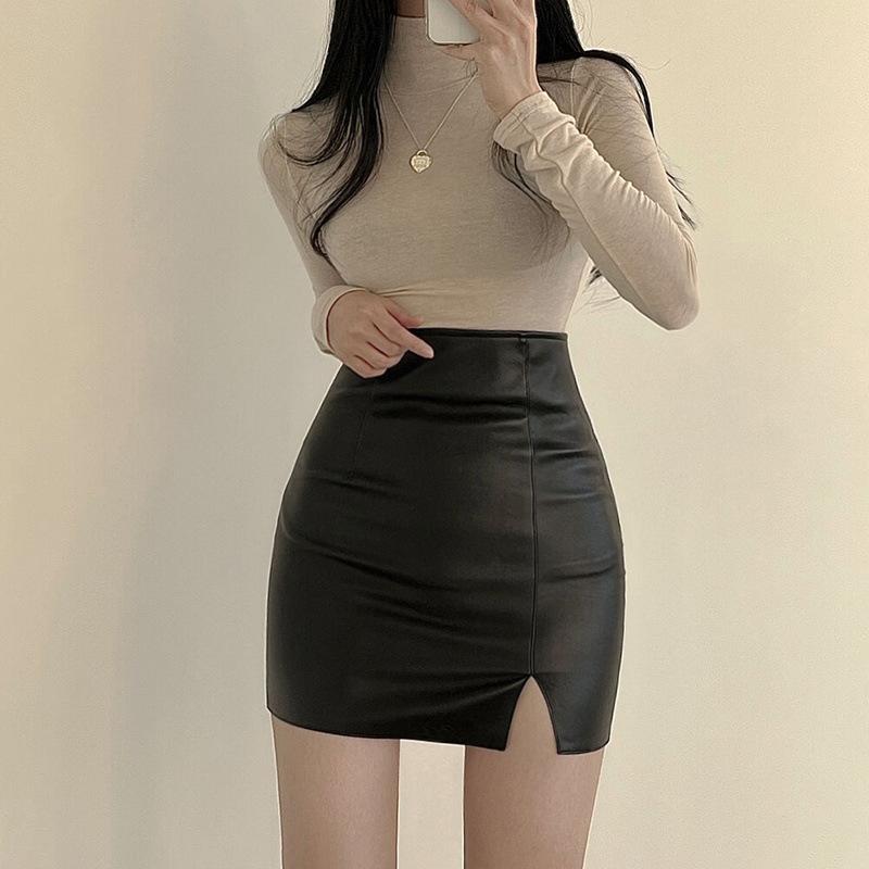 Hnědá PU kožená sukně Sukně Vysoký pas Přiléhavá Sexy Boková sukně Rozparek Strečová sukně Sukně s rozparkem Ohnivá kůže Krátká sukně