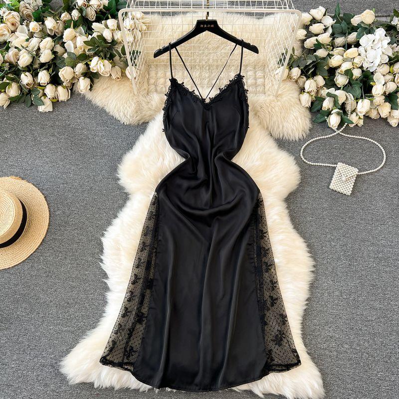 

Благородное Сексуальное Платье-Пижама на Подтяжках Женское Полое Без Спины Ночная Сорочка Чистое Желание Сексуальное Кружевное Лоскутное Атласное Длинное Платье Black S