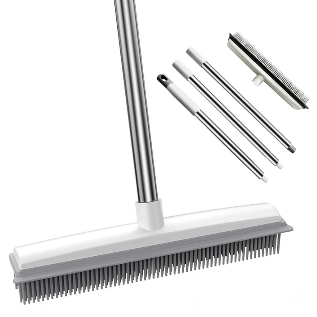 2 In 1 Rubber Broom Carpet Brush with Adjustable Long Handle Soft Push Broom for Pet Cat Dog Hair Fur Removal Carpet Floor Brush