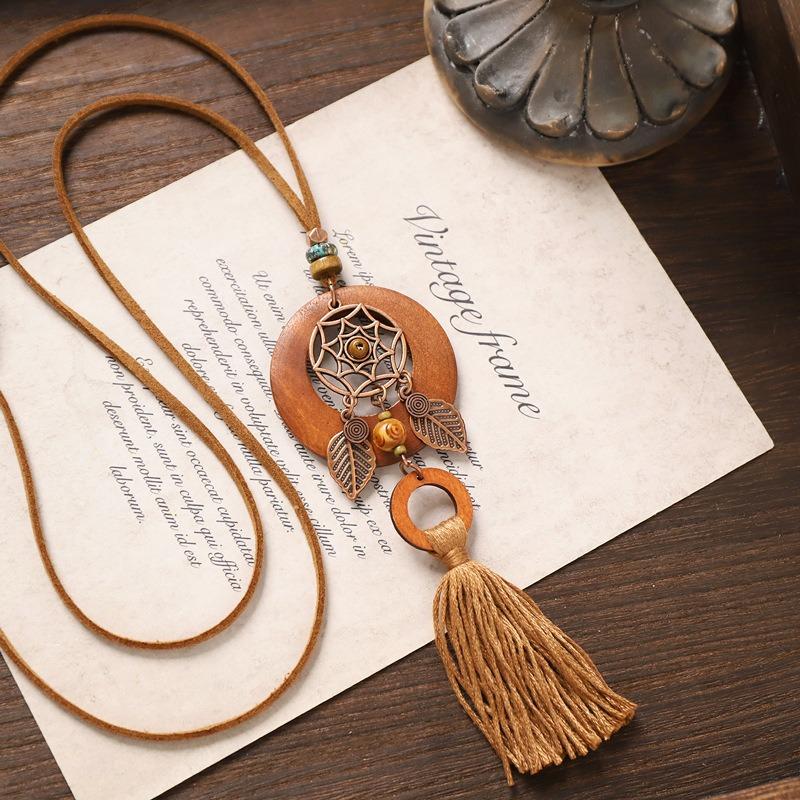 Bohemian Long Tassel Necklace Vintage Niche Exotic Wooden Sweater Chain Women's Accessories