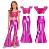 Girls Stage Performance Set Square Collar Metallic Crop Top Ruffled Sleeves Sequins with Split Bell Bottom Shiny Pants for Jazz Dance Recital