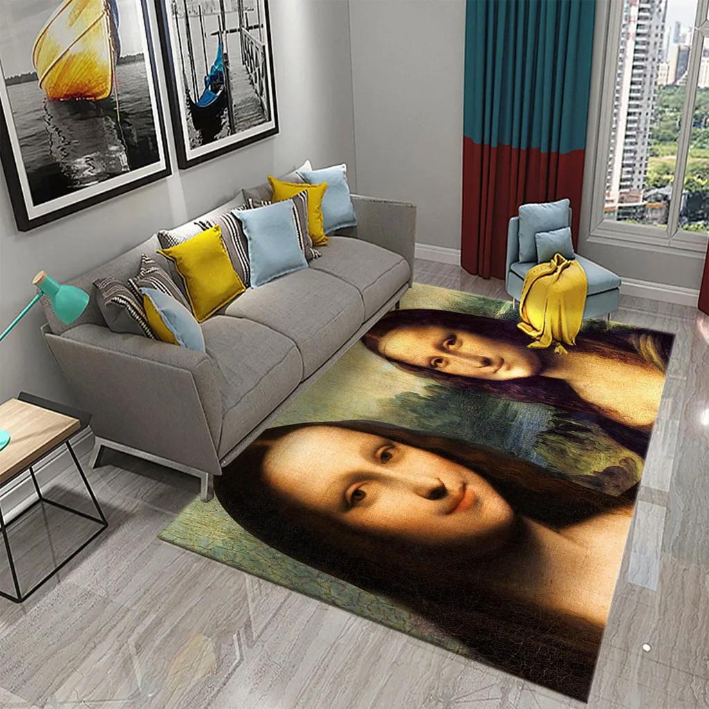 Funny Mona Lisa Oil Painting Carpet Home Decor Painting Mat for Living Room Bedroom Kitchen Bathroom Non-slip Floor Area Mats
