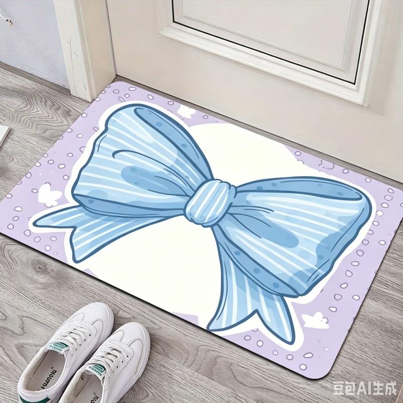 Cute Pink Bow Print Doormat Cartoon Pastel Design Non-Slip Floor Mat for Kids Room and Home Decor