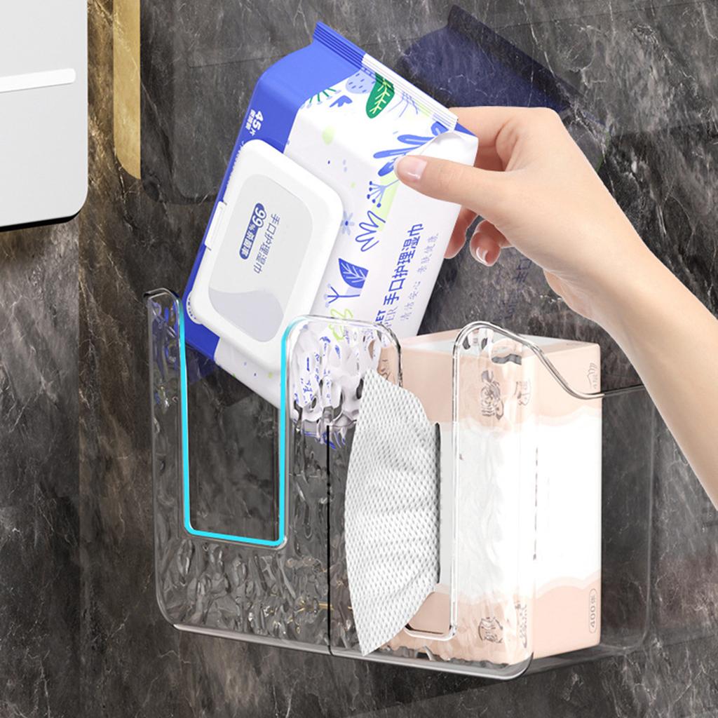 Two Section Adhesive Tissue Storage Box Transparent Bathroom Dispenser with Duals Compartment Wet Wipes Container