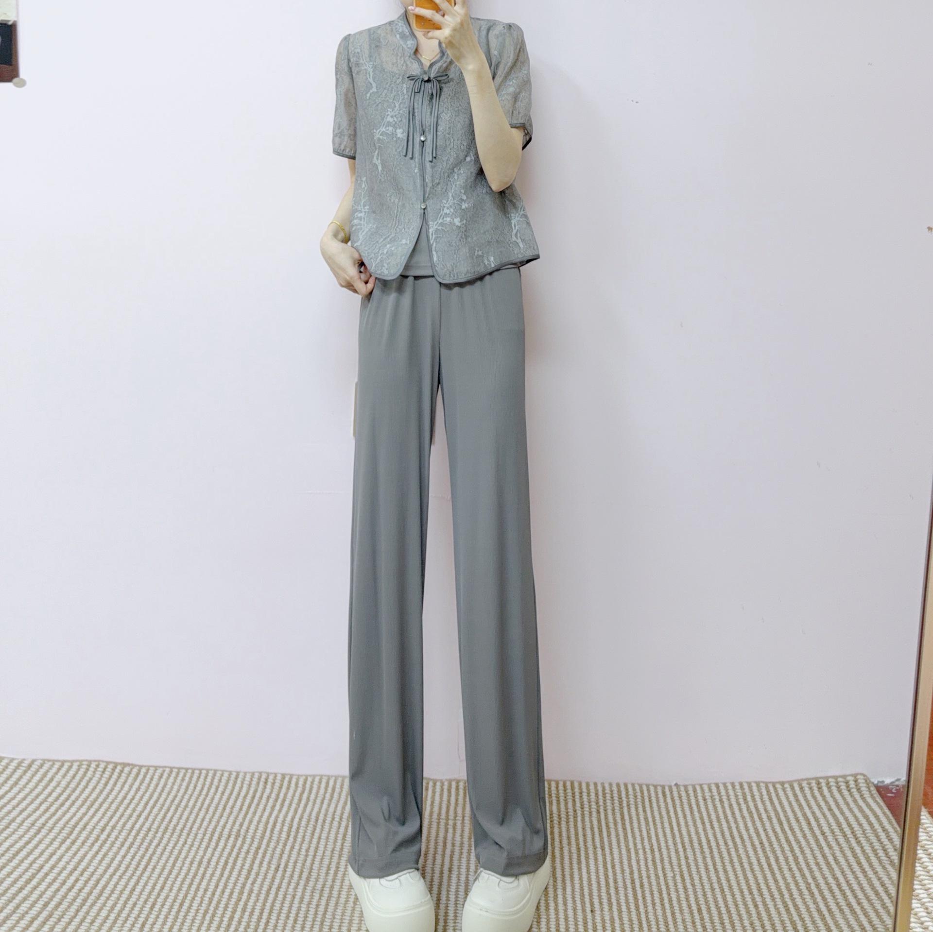 

2026 Summer Camisole, Chinese-Style Cardigan, and Straight-Leg Pants Set Medium (90-108 lbs) серый