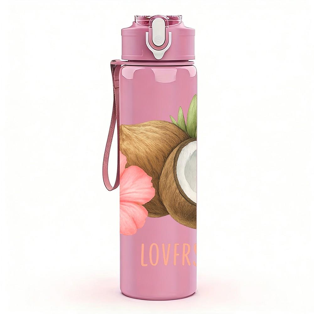 1PC Hibiscus Coconut Tropical Print 750ml Color Plastic Sports Water Bottle Leakproof Flip Straw Lid For Sports Office Home Use