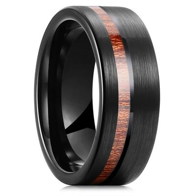 Fashion 8mm Black Men Stainless Steel Rings Black Brushed Koa Wood Rings for Men Women Wedding Engagement Jewelry Birthday Gifts