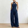 Women Cross Neck Halter Wide Leg Jumpsuit Solid Color Pleated Backless Elegant Long Pants Romper