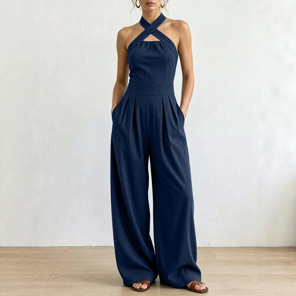 Women Cross Neck Halter Wide Leg Jumpsuit Solid Color Pleated Backless Elegant Long Pants Romper