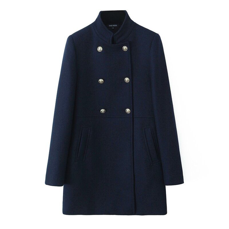 

Western Style 2024 Autumn and Winter New Women Loose Long sleeve Gold Button Decoration Double Breasted Coat Outerwear 9037141 Navy L