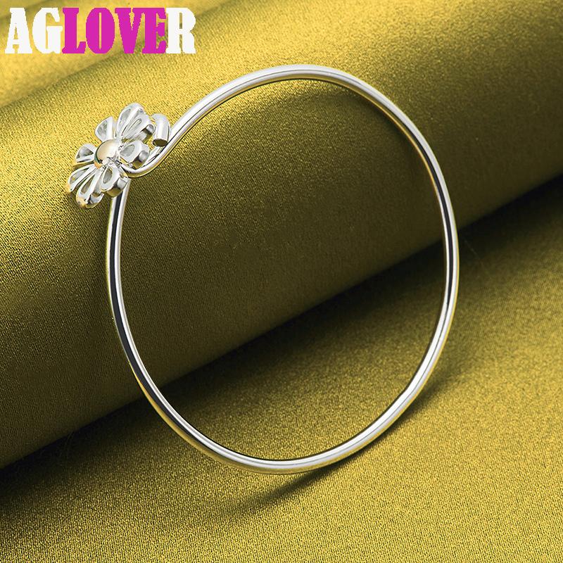 925 Sterling Silver Gold Flower Bangle Bracelet Jewelry