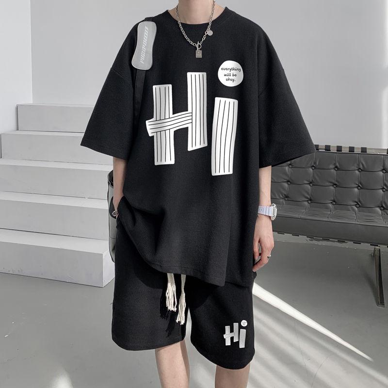 Casual Men's Summer T-Shirt Shorts Two-Piece Set Loose Fit Hong Kong Style Printed Plus Size Sportswear
