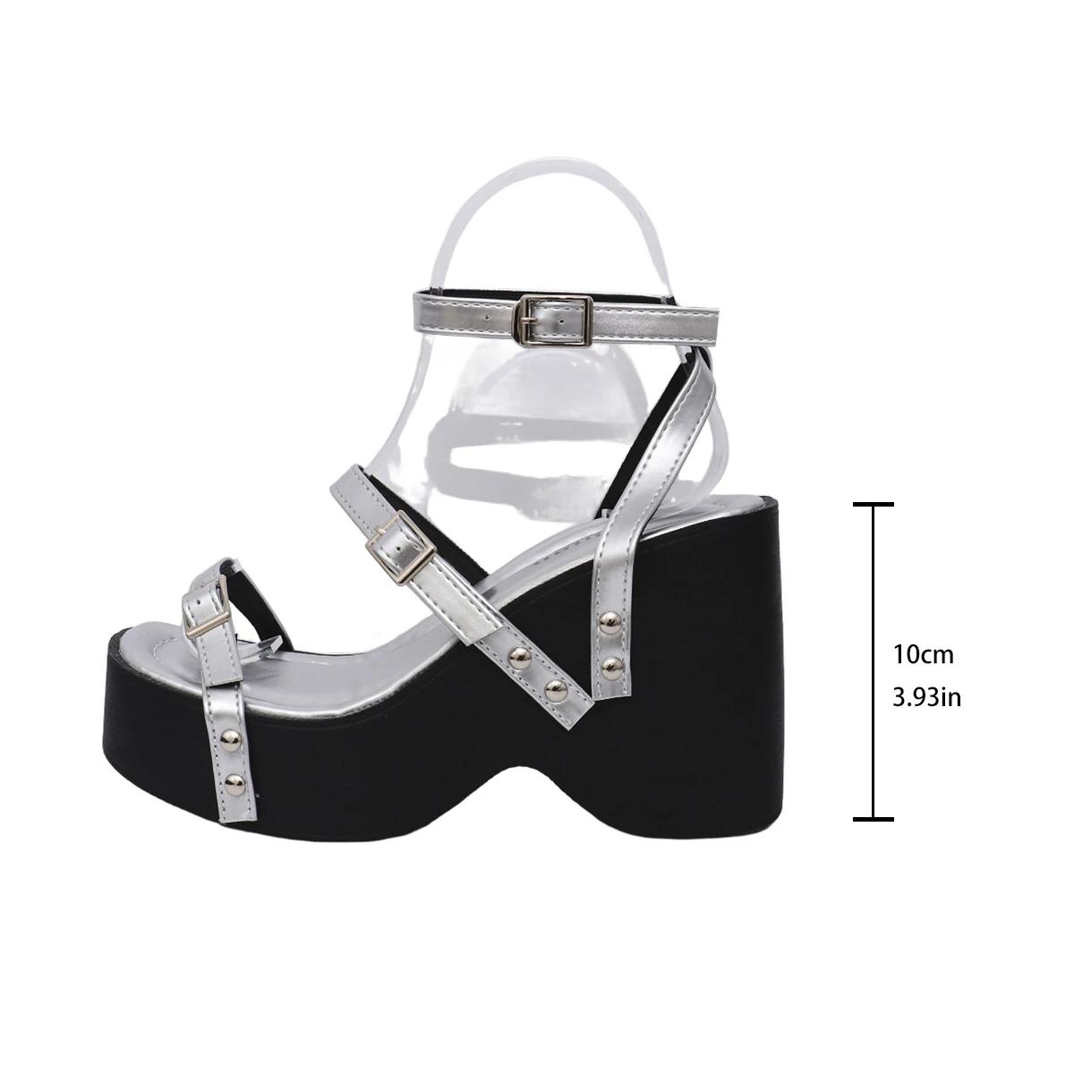 

Women s Large Size Sandals Buckle Open Toe Waterproof Platform Rivet High Heels Lightweight Muffin Bottom Skirt Slope Heel Shoes 35 срібний
