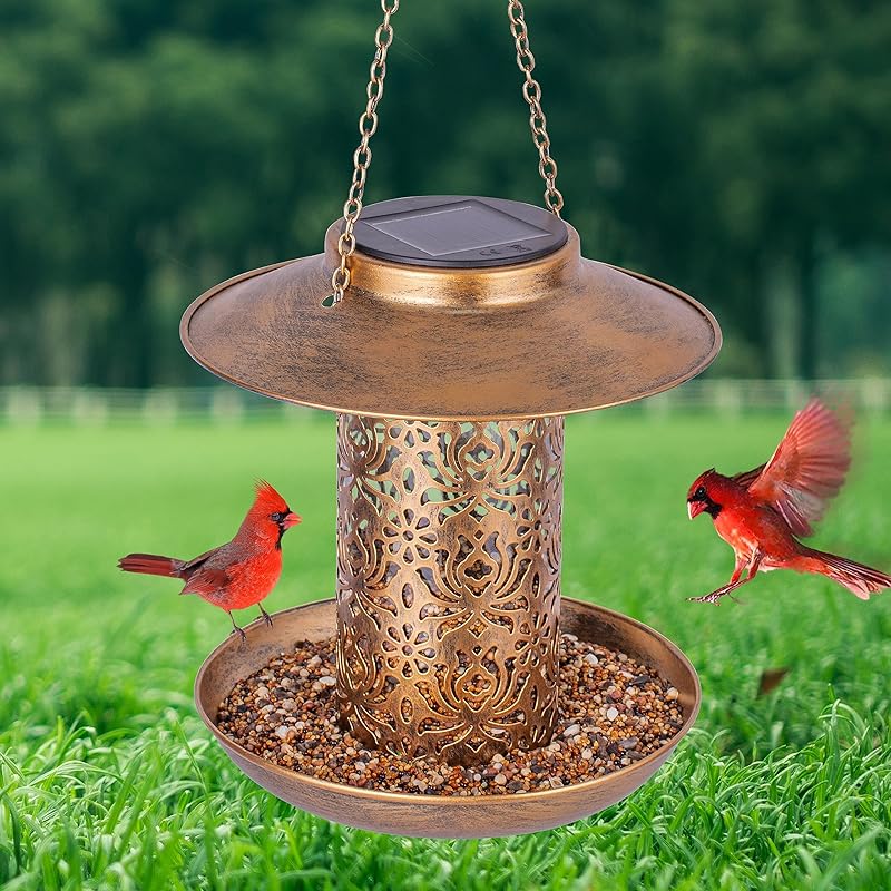 Ottsuls Solar Bird Feeder for Outdoors Hanging, Metal Wild Cardinals Garden Lantern with S Hook, Weatherproof and Water Resistant Birdfeeders as Gift