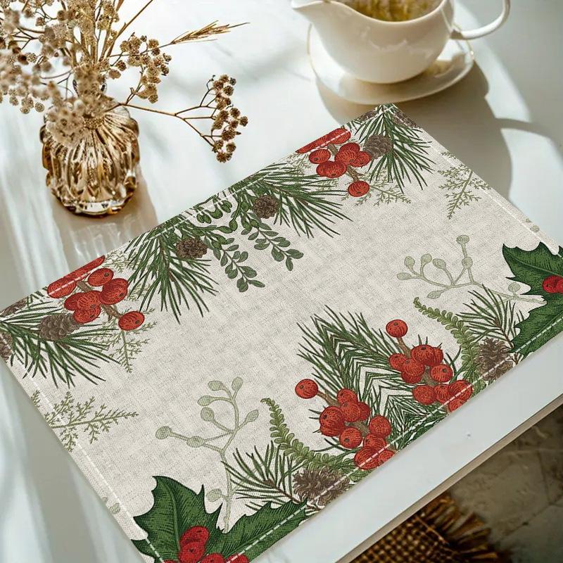 Christmas Linen Placemat Table Coffee Mat Poinsettia Pine Tree Snowflake Cone Merry Christmas Beige Red Green Elegant Decorative