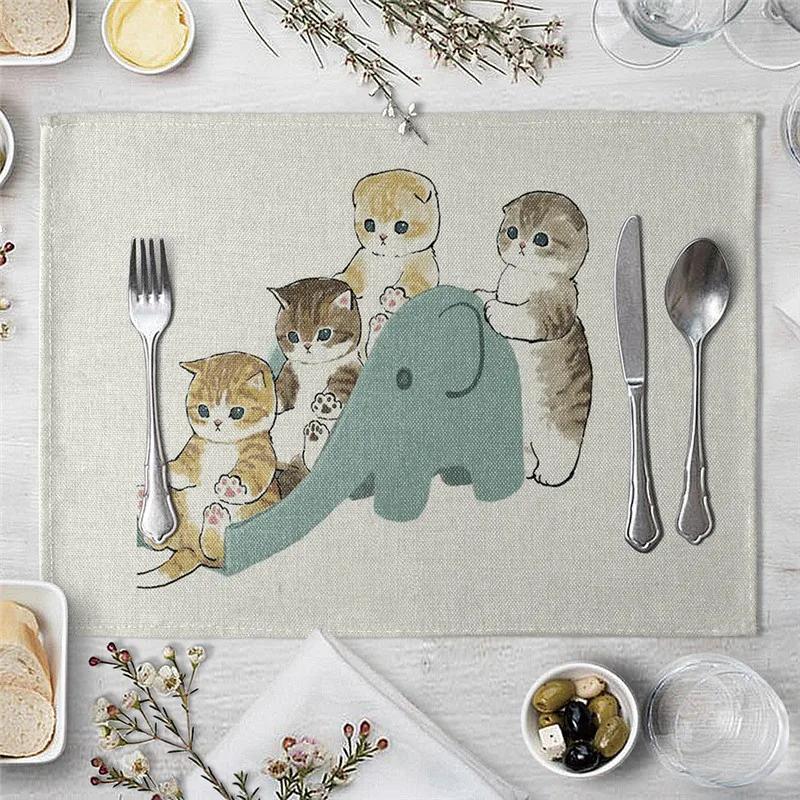 Mantel Individual Para Mesa de Comedor Lindo Gato Dibujo Animado Animal Estera Posavasos Creativo Estampado Resistente al Calor Accesorios de Cocina Comedor Almohadilla Caliente