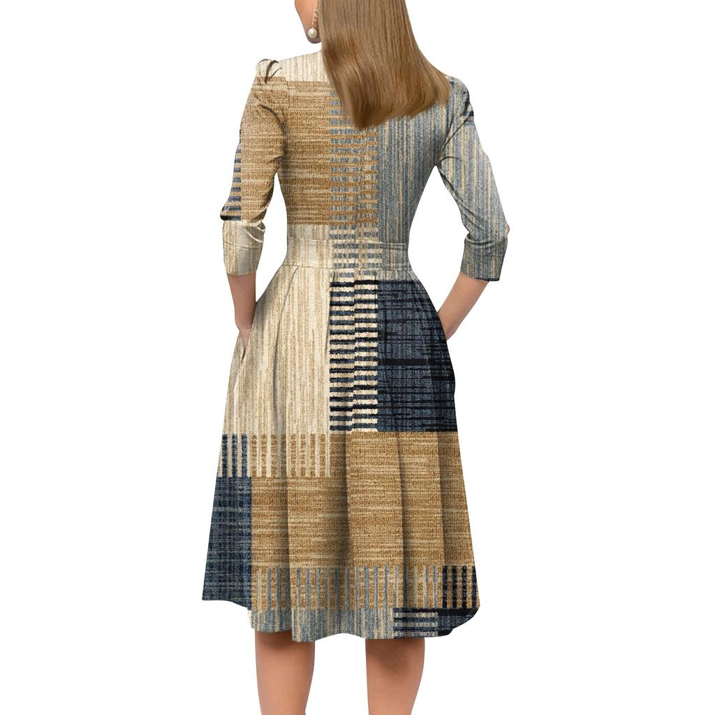 Lässiges und modisches Kleid für Damen mit 3/4-Ärmeln, Tasche und Reißverschluss auf der Rückseite