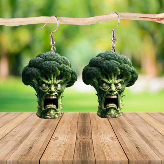 1 Pair Hook Earrings Abstract Vegetable Cartoon Design Angry Broccoli Shape Lightweight 2D Acrylic Drop Earrings Jewelry Gift