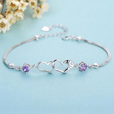 925 Sterling Silver Bracelet Women's Double Heart-Shaped Accessories Jewelry Women's Sterling Silver Lady Couple Bracelet Hand Jewelry