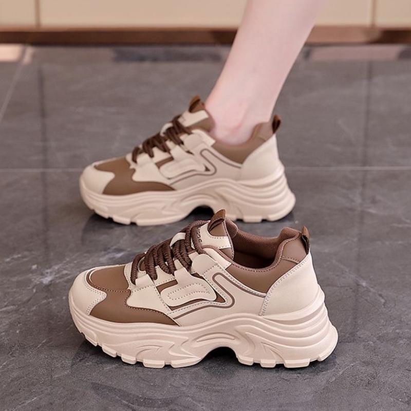 Trending Women's Chunky Sneakers  Leather Anti Slip Thick Sole Sports Shoes Comfortable Fashion Lace Up Footwear