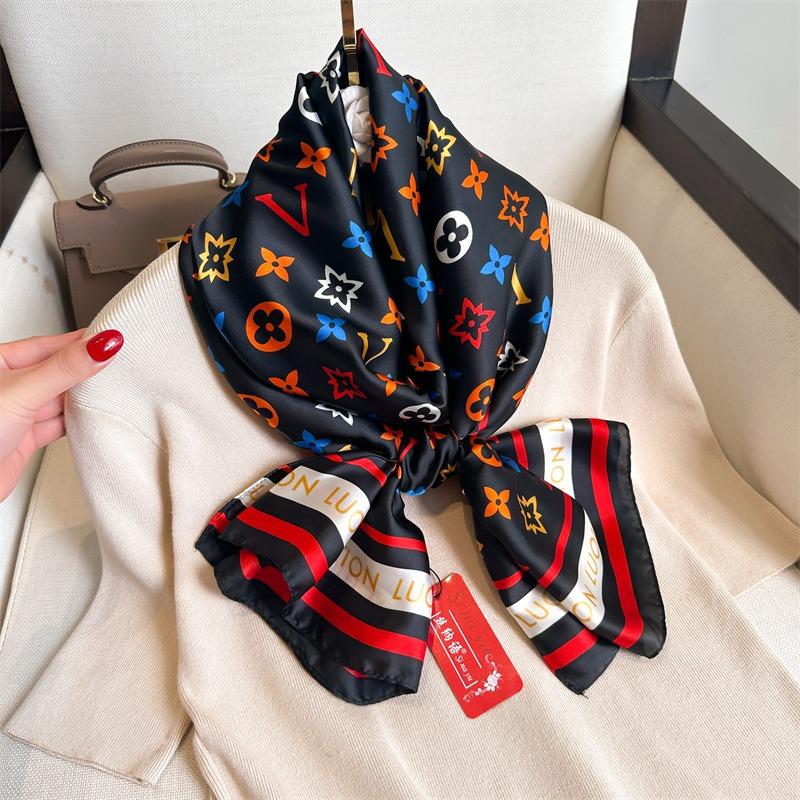 Color Letter Silk Scarf Light Luxury Fashion Scarf Simulation Silk Large Size Shawl Silk Scarf Women