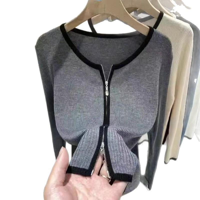 Women's College Style Zipper Cardigan - Long Sleeve Slim Fit Top for Spring & Autumn (2026)