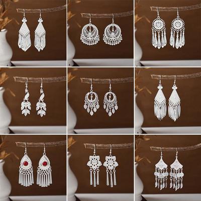 Ethnic Miao Silver Tassel Earrings - Retro Long Dangle Scenic Studs for Women