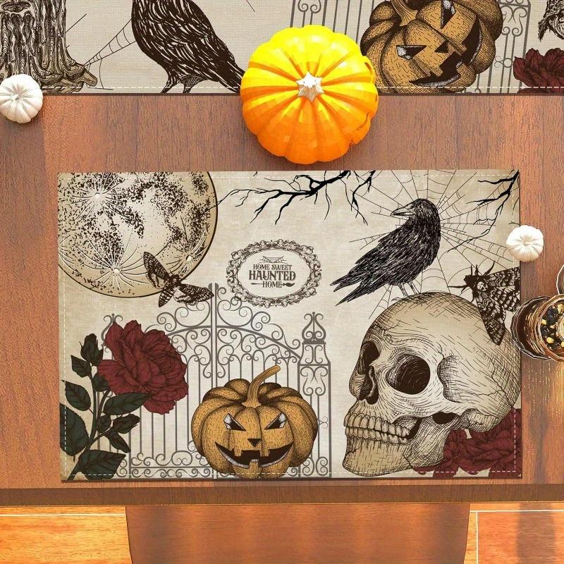 2Pcs Placemats Halloween Gothic Skull Table Mats Day of The Dead Roses Skull Decor Easter Decorations and Supplies for Home Kitchen