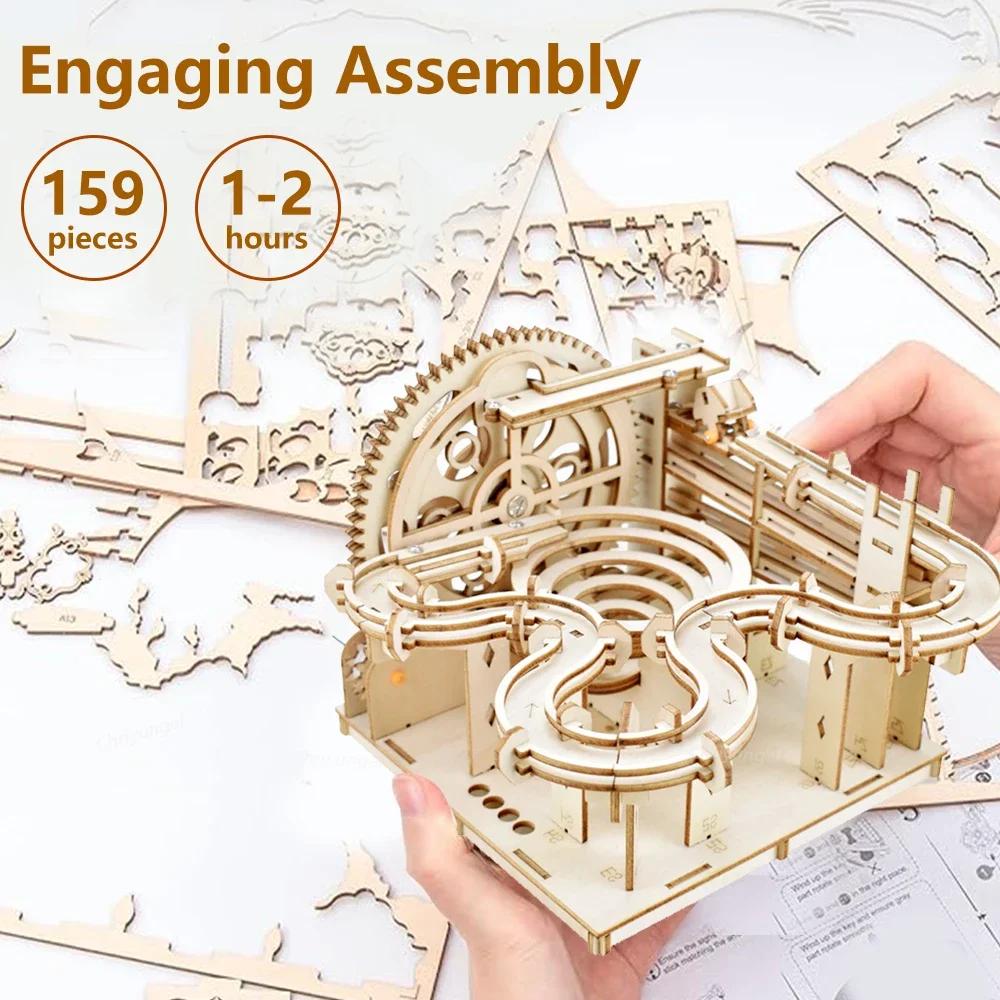 3D Wooden Puzzle Diy Building Kits Mechanical Model Marble Run Set With 4 Balls Creative Stem Toys For Adults Kids Birthday Gift