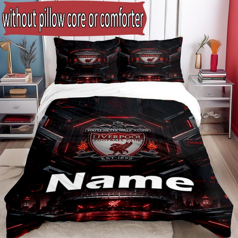 3pcs Duvet Cover Set (1*Duvet Cover + 2*Pillowcase, Without Core), Custom Name Liverpool F.C Pattern Bedding Set, Home Bedroom Decor Gift