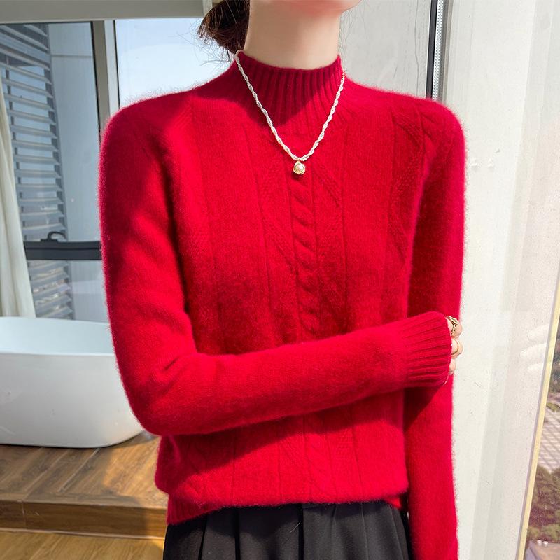 Autumn and winter new solid color temperament twist semi-turtleneck thickened loose and thin soft waxy sweater long-sleeved top women