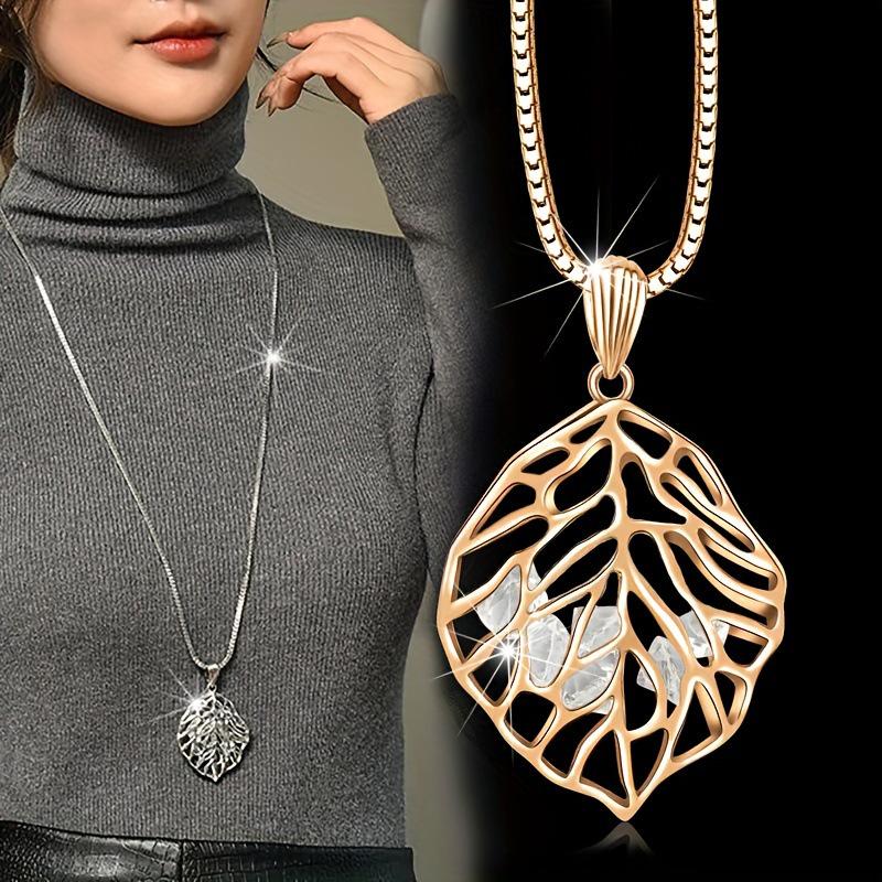 Versatile Faux Crystal Leaf Pendant Necklace for Women