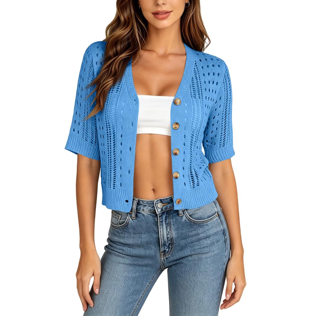 Damen Strick Offene Vorderseite Strand Überwurf - Kurzarm Cropped Cardigan für Sommer Strandurlaube