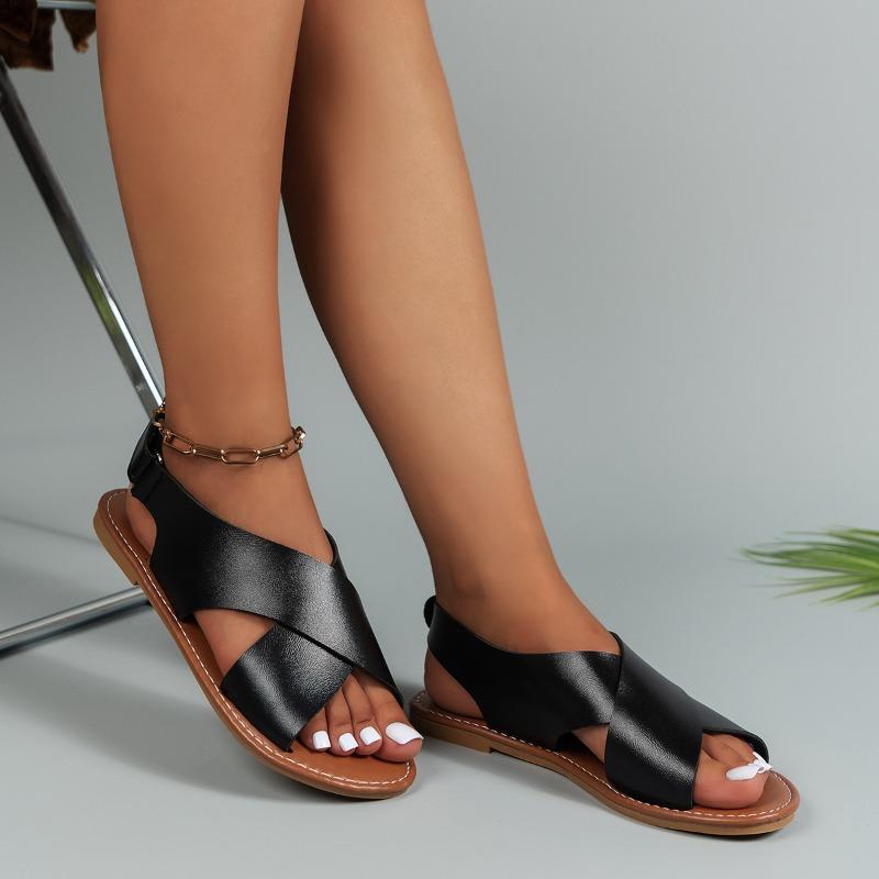 Women's Flat Sandals Lightweight Pu Leather Casual Sandals Summer Peep Toe Beach Sandals for Women Roman Sandal Sandalias Mujer
