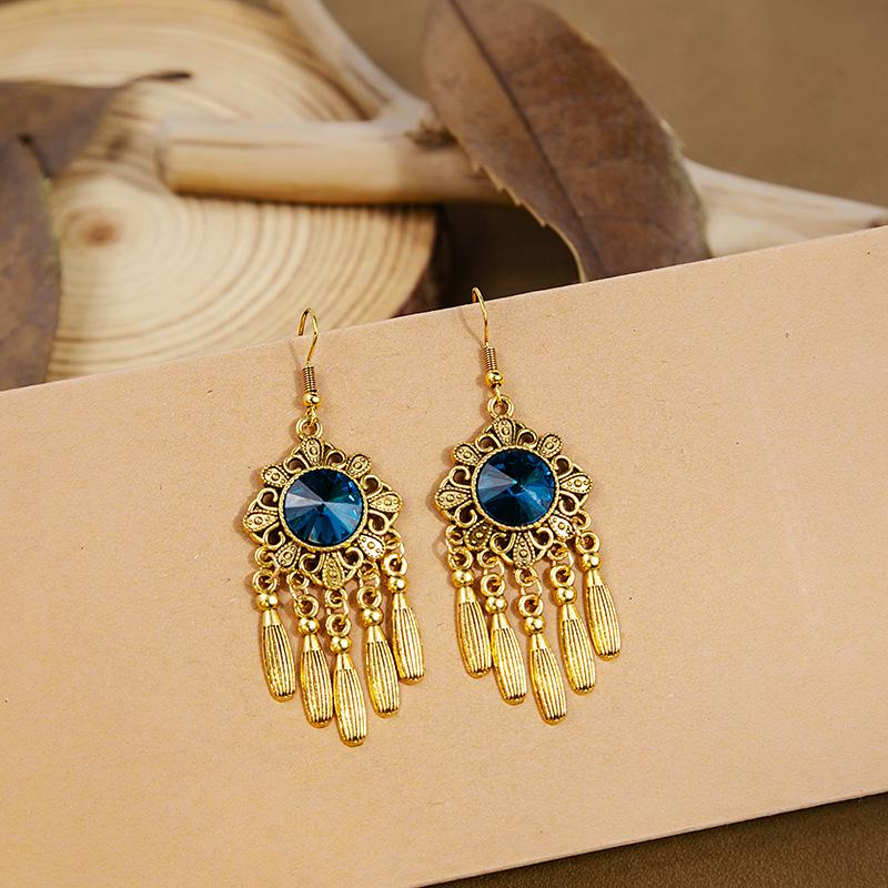 Bohemian Turquoise Tassel Earrings: Retro Ethnic Style with Geometric Gemstone Design