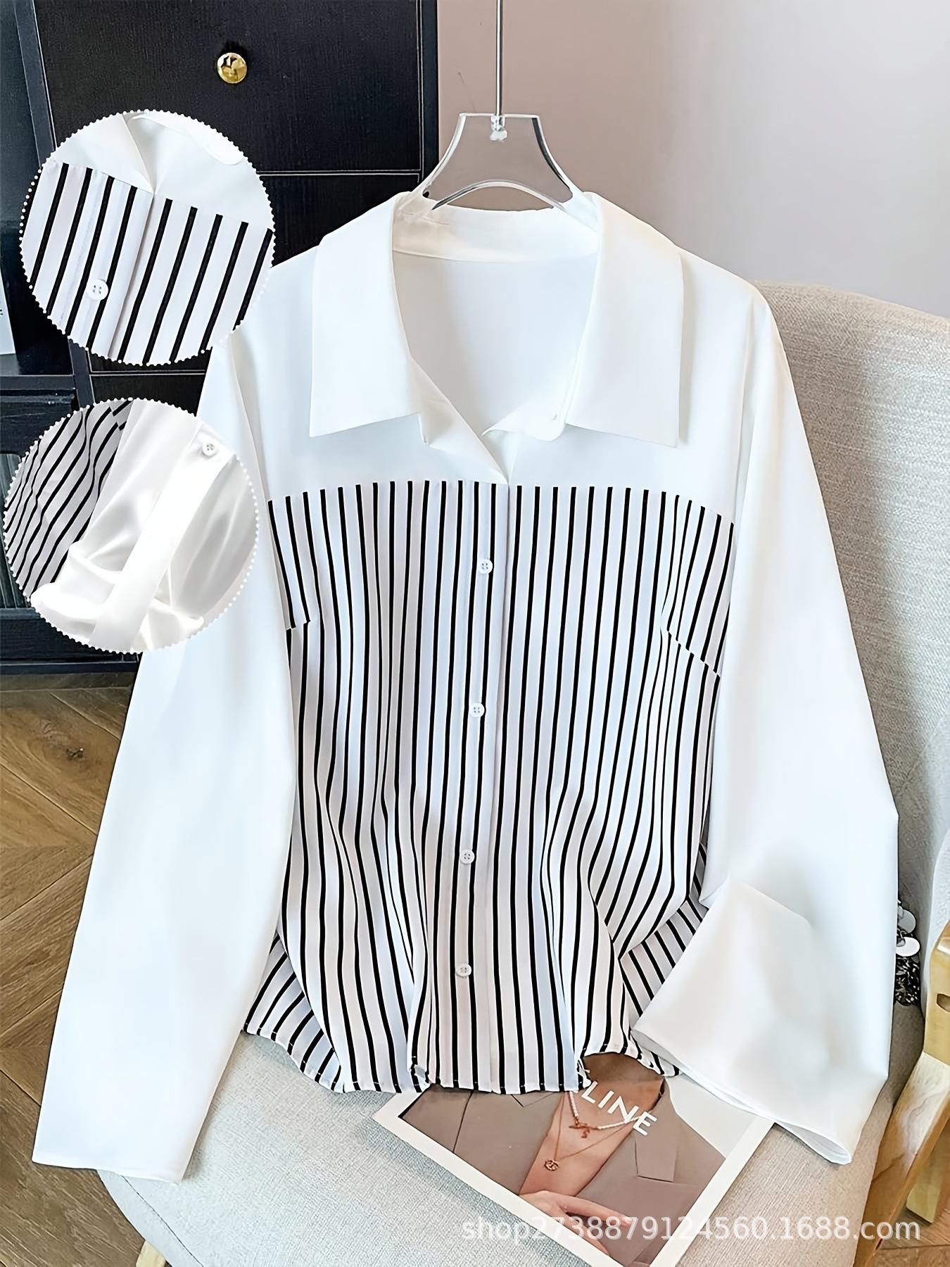 Plus Size Women s Spring Stripe Patchwork Long Sleeve Casual Shirt with Lapel XXL