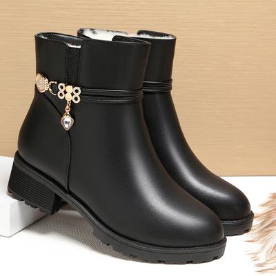 Coarse-heeled Short Boots Women's Velvet, Autumn and Winter Large Cotton Leather Shoes Soft Leather Mother Cotton Shoes  Elderly Thick-haired Boots
