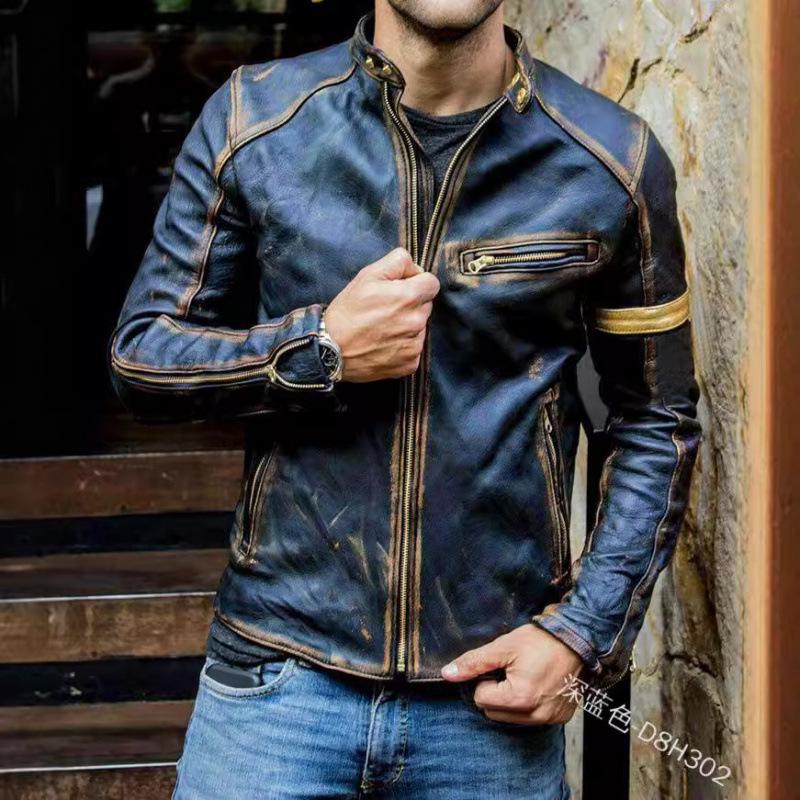 European & American Men's Stand Collar Punk Motorcycle Leather Jacket for Teens and Adults