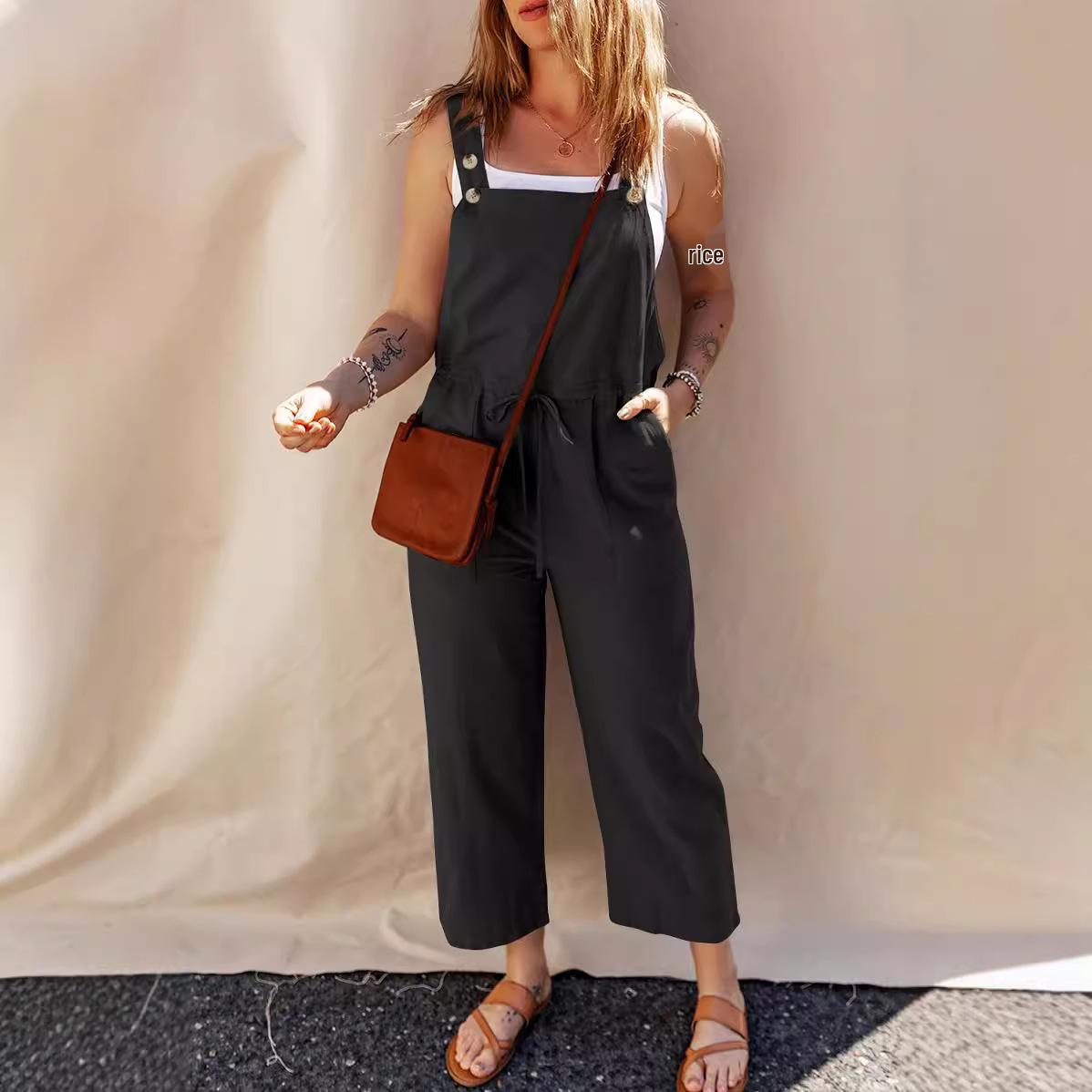 

Women s Sleeveless Loose Fit Overalls Jumpsuit with Pockets S чорний