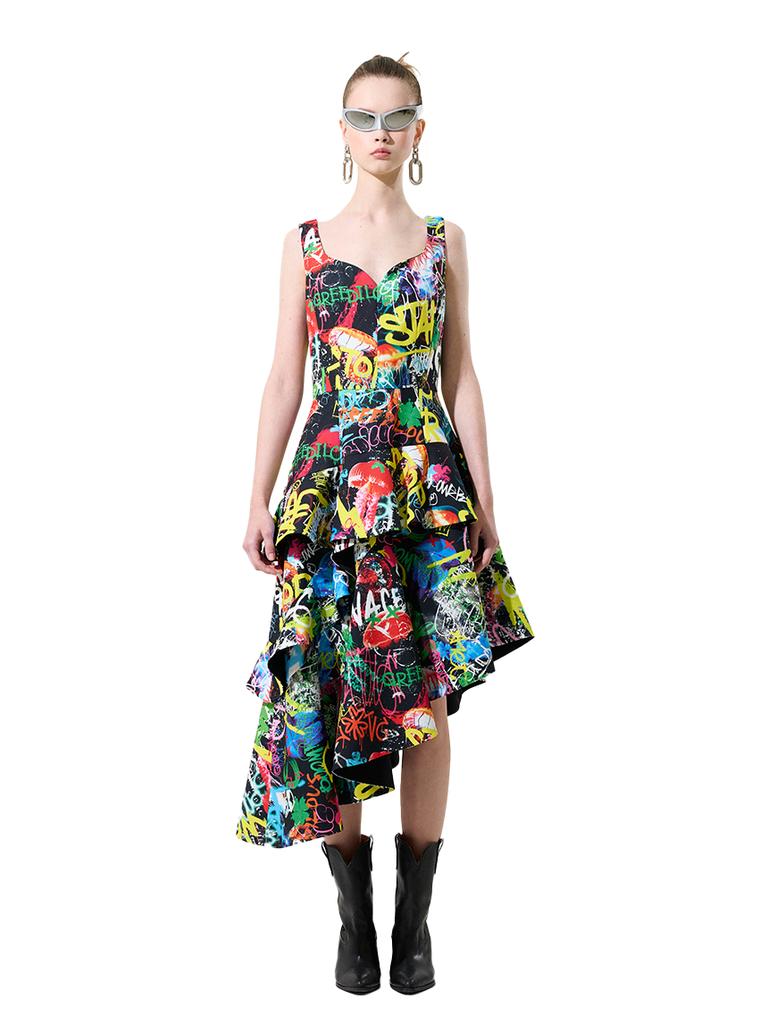 Greedius Black Graffiti Unbalanced Ruffle A-Line Dress