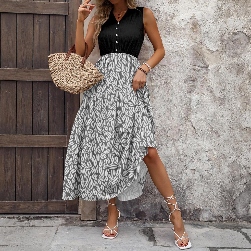 Women's Casual And Fashionable V-neck  Sleeveless Printing Mid Length Dress