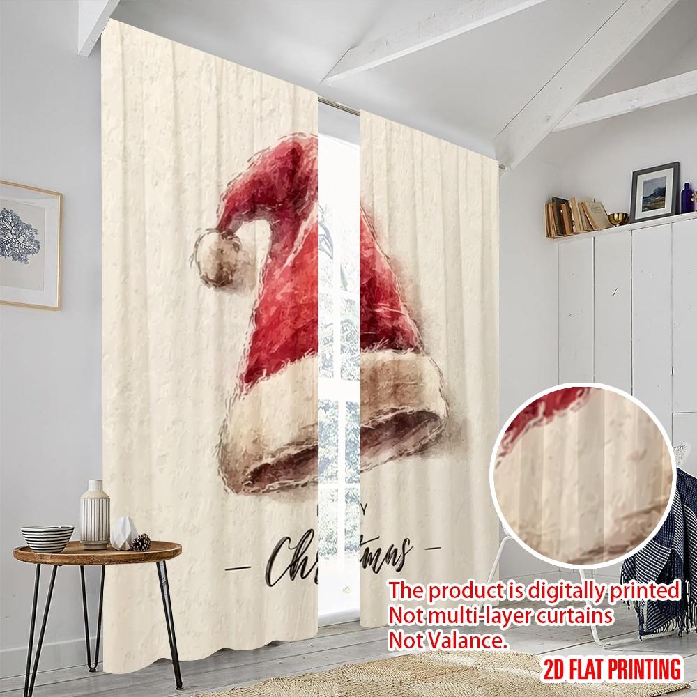 2pcs,2D Plane Printing Curtains Vintage Santa Hat Polyester (without Rod) Decorations For Home for Room, Kitchen, Study,