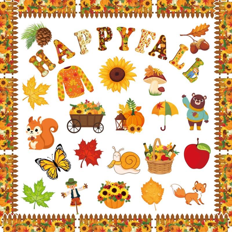 Autumn paper card leaf squirrel pumpkin Happy Fall background wall bulletin board decoration Thanksgiving wall stickers
