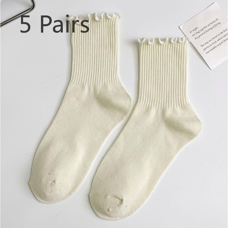 

5 пар деревянных носков с краем для ушей, женские до середины икры, весенне-осенне-летние модели трехцветных хлопковых носков, однотонные кружевные носки с оборками 5 pairs бежевый