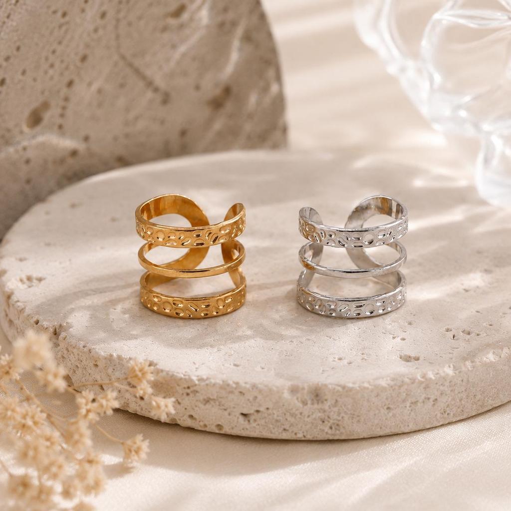 European INS Style Gold-Plated Adjustable Open Ring with Three-Layer Irregular Texture